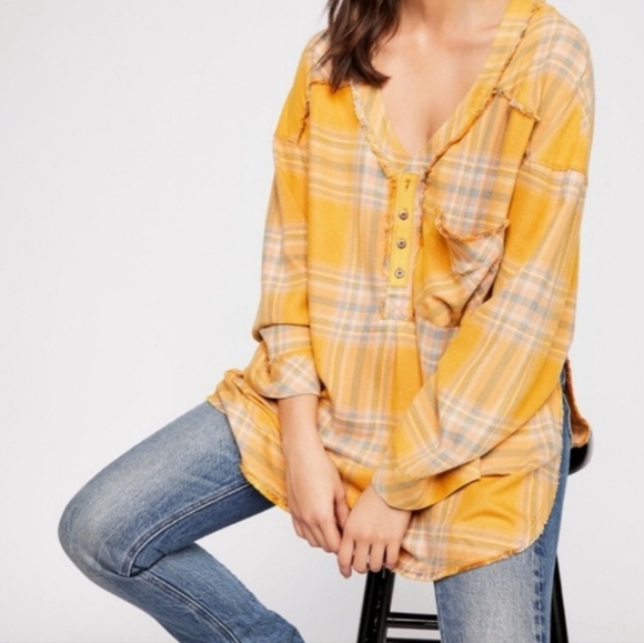Free People Intimately Mustard Yellow Plaid Raw Hem Tunic - Picture 2 of 8